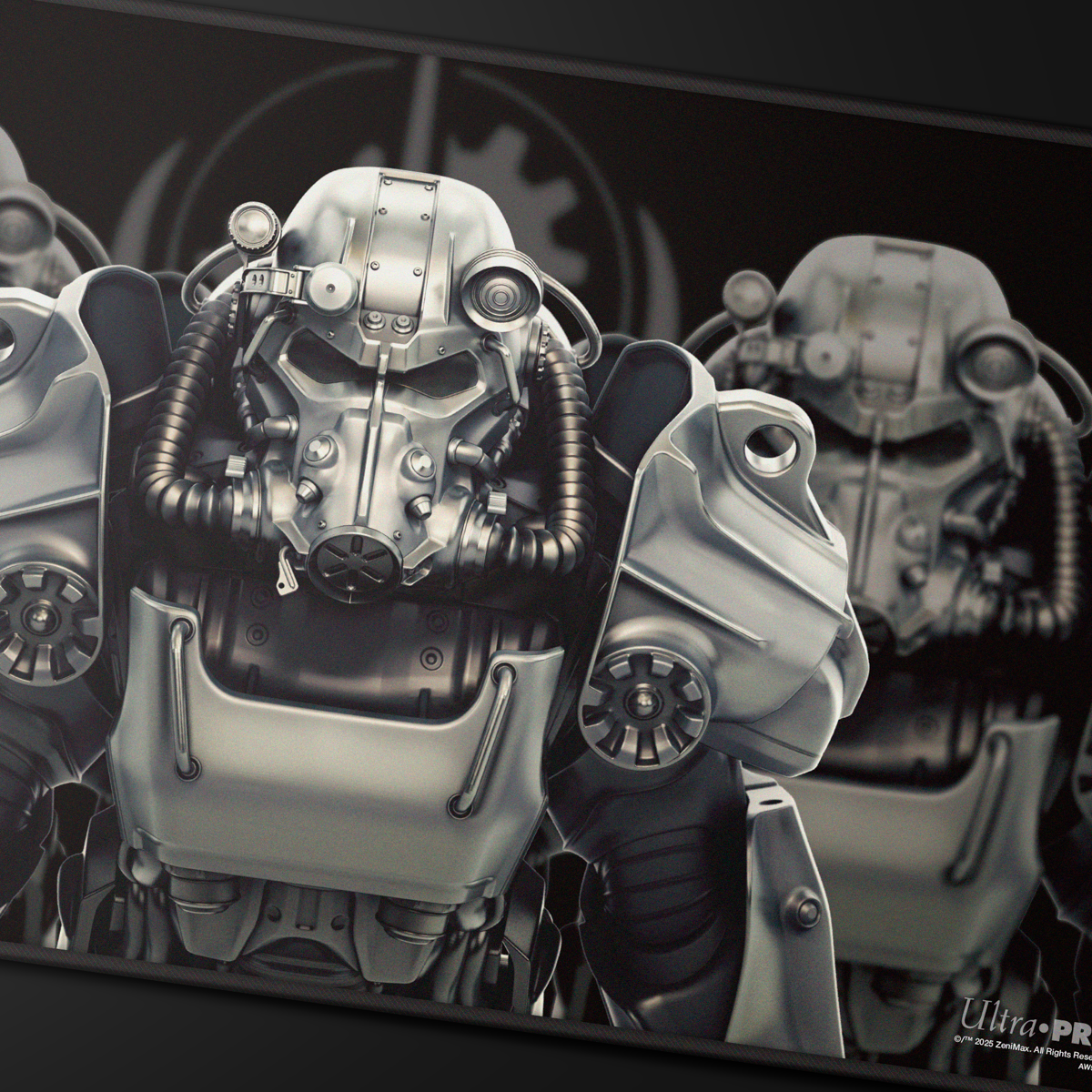 A black stitched edge playmat featuring the iconic Brotherhood of Steel power armor from Fallout. Brand: Ultra-Pro, Item: Fallout - Brotherhood of Steel Black Stitched Edge Playmat for Tabletop Gaming.