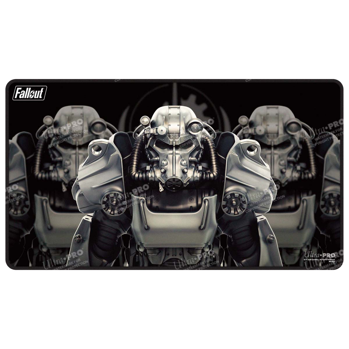 A black stitched edge playmat featuring the Fallout Brotherhood of Steel logo and power armor. Brand: Ultra PRO, Item: Fallout - Brotherhood of Steel Black Stitched Edge Playmat for Tabletop Gaming