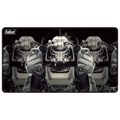 A black stitched edge playmat featuring the Fallout Brotherhood of Steel logo and power armor. Brand: Ultra PRO, Item: Fallout - Brotherhood of Steel Black Stitched Edge Playmat for Tabletop Gaming
