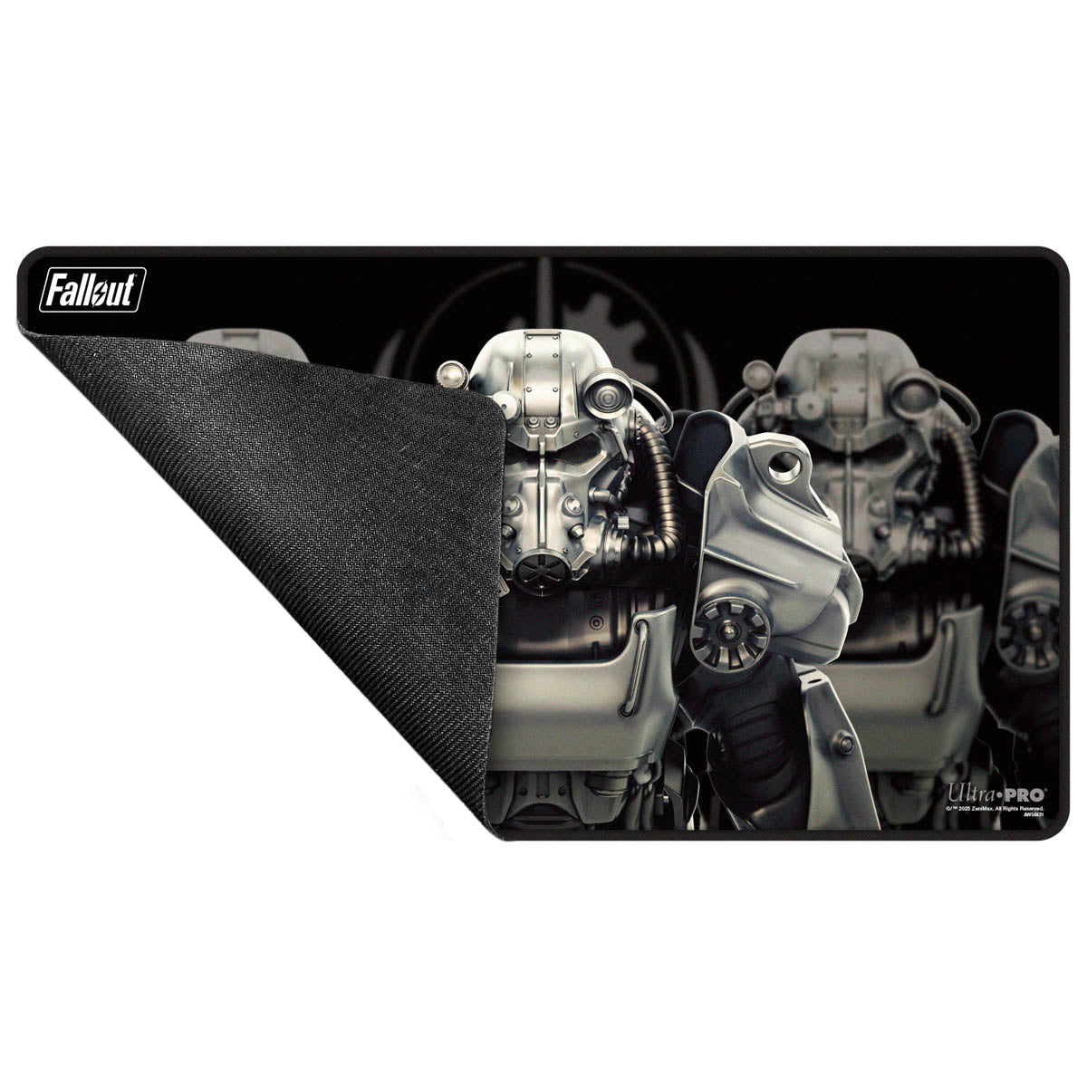 A black and silver Fallout Brotherhood of Steel playmat. Brand: Ultra-Pro, Item: Fallout - Brotherhood of Steel Black Stitched Edge Playmat for Tabletop Gaming