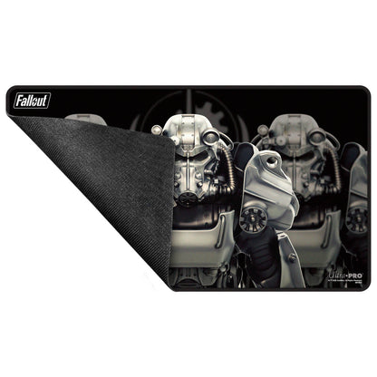 A black and silver Fallout Brotherhood of Steel playmat. Brand: Ultra-Pro, Item: Fallout - Brotherhood of Steel Black Stitched Edge Playmat for Tabletop Gaming