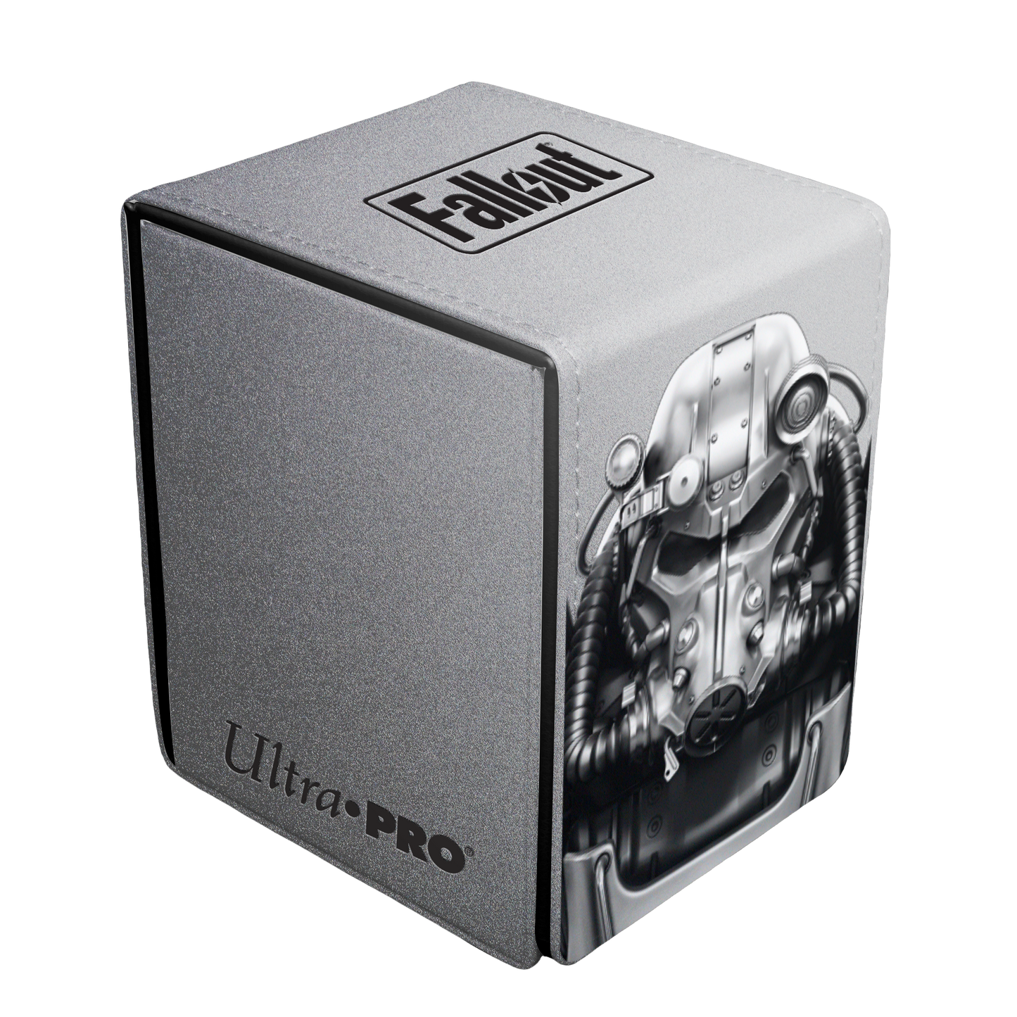 A gray Fallout Brotherhood of Steel ALCOVE Flip Deck Box. Brand: Ultra PRO, Item: Fallout - Brotherhood of Steel ALCOVE Flip DECK BOX for Tabletop Gaming