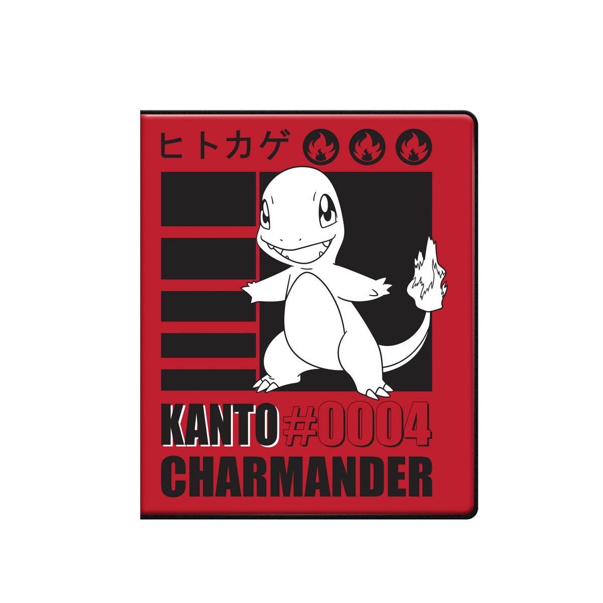 A red and black Charmander 4-Pocket Portfolio for Pokemon cards. Features Charmander artwork and Kanto #0004 text.