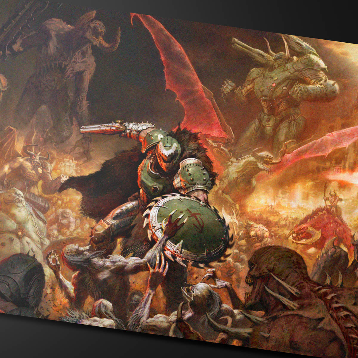 A DOOM: THE DARK AGES - ONSLAUGHT - Extended Playmat featuring the Doom Slayer battling demons.