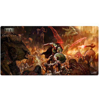 A rectangular playmat featuring artwork from DOOM: The Dark Ages - Onslaught. The mat depicts the Doom Slayer in green armor fighting a horde of demons amidst a fiery, hellish landscape. Brand: Ultra PRO, Item: DOOM: THE DARK AGES - ONSLAUGHT - Extended Playmat.