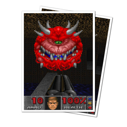 A red Cacodemon from DOOM on Ultra PRO Apex Deck Protector sleeves.