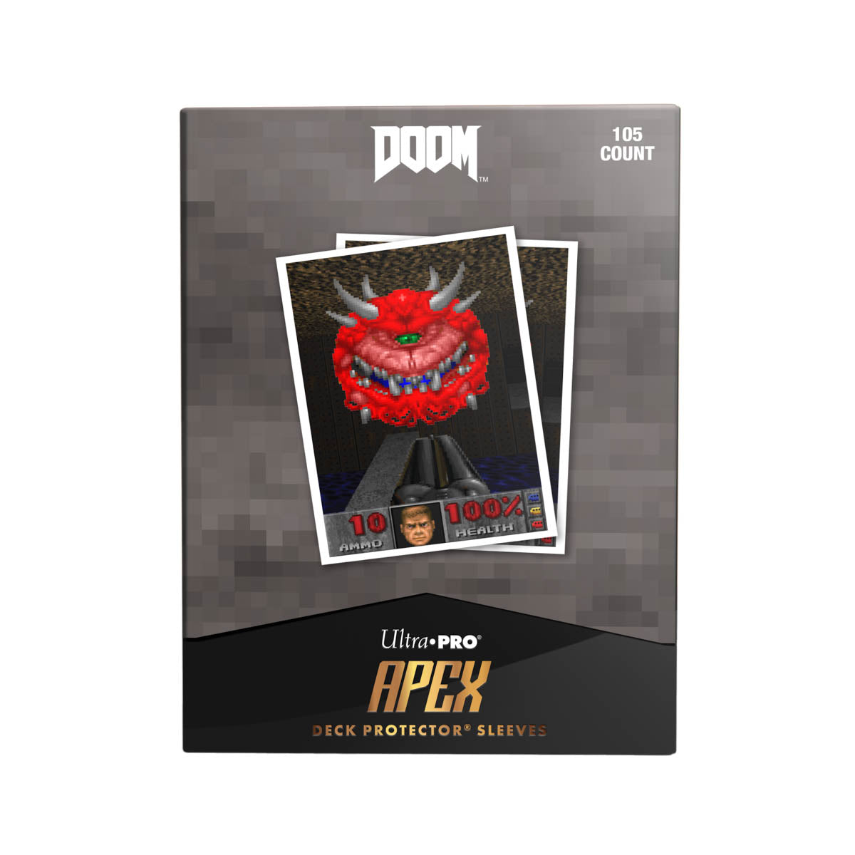 A gray and black DOOM CACODEMON APEX DECK PROTECTOR Sleeves. Brand: Ultra-Pro, Item: DOOM - CACODEMON - APEX DECK PROTECTOR® Sleeves