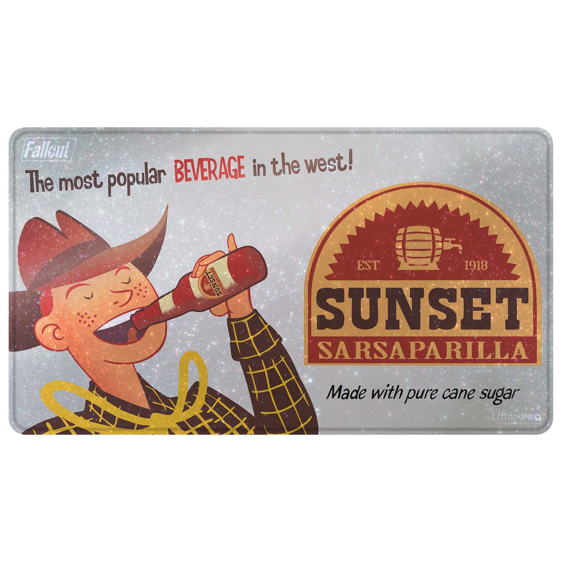 A holographic playmat featuring Fallout's Sunset Sarsaparilla with a cowboy character drinking the beverage. Brand: Ultra PRO, Item: Fallout - Sunset Sarsaparilla HOLOFOIL® Playmat for Tabletop Gaming.