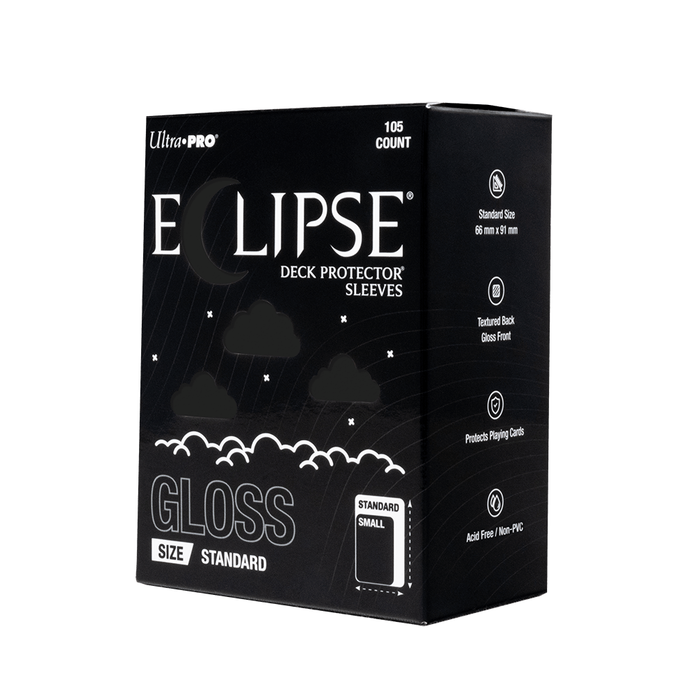 A black Eclipse Gloss Standard Deck Protector Sleeves box. Brand: Ultra-Pro, Item: ECLIPSE® Gloss Standard DECK PROTECTOR® Sleeves: Jet Black - 105ct