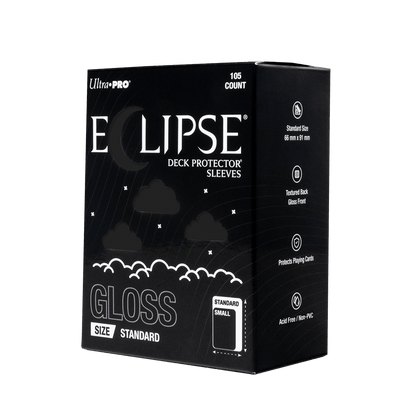A black Eclipse Gloss Standard Deck Protector Sleeves box. Brand: Ultra-Pro, Item: ECLIPSE® Gloss Standard DECK PROTECTOR® Sleeves: Jet Black - 105ct
