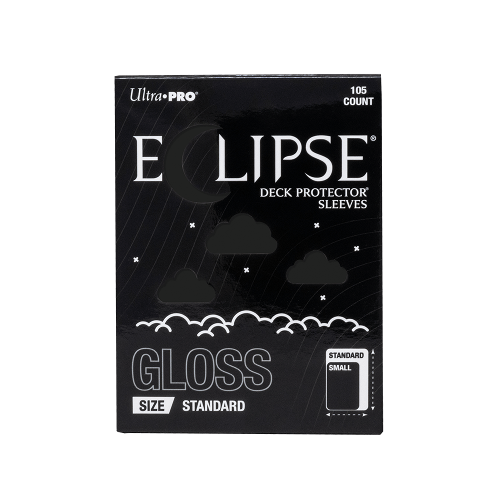 A black Eclipse Gloss Standard Deck Protector Sleeves. Brand: Ultra PRO, Item: Jet Black - 105ct.