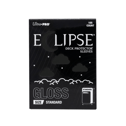 A black Eclipse Gloss Standard Deck Protector Sleeves. Brand: Ultra PRO, Item: Jet Black - 105ct.