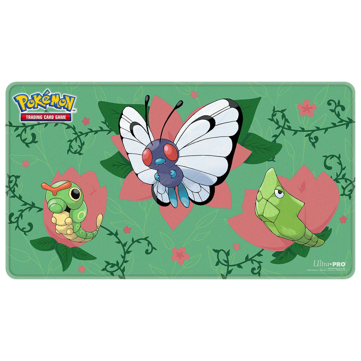 A green Caterpie Evolutions Stitched Playmat for the Pokémon Trading Card Game. Brand: Ultra PRO, Item: Caterpie Evolutions Stitched Playmat.