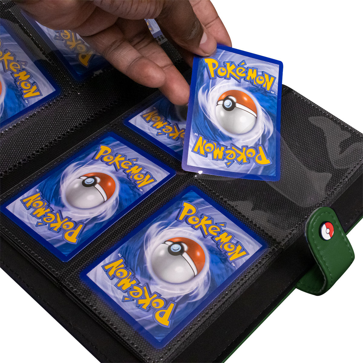 A green 4-pocket premium snap binder for the Pokemon Trading Card Game, with a hand inserting a Pokemon card.