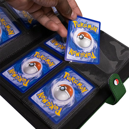 A green 4-pocket premium snap binder for the Pokemon Trading Card Game, with a hand inserting a Pokemon card.