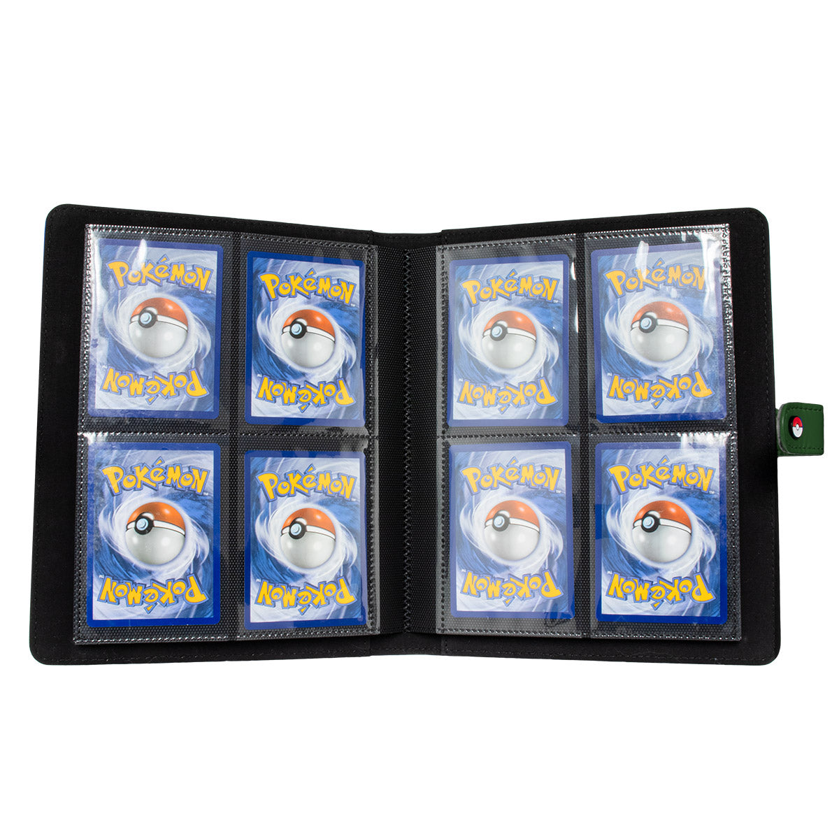A black 4-pocket premium snap binder for the Pokemon Trading Card Game, featuring clear card sleeves.