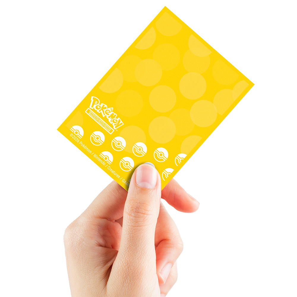 A yellow Pokemon Trading Card Game deck protector sleeves with polka dots and pokeballs. Brand: Pokemon, Item: Energy - Lightning Type 65ct DECK PROTECTOR® Sleeves for Pokémon.