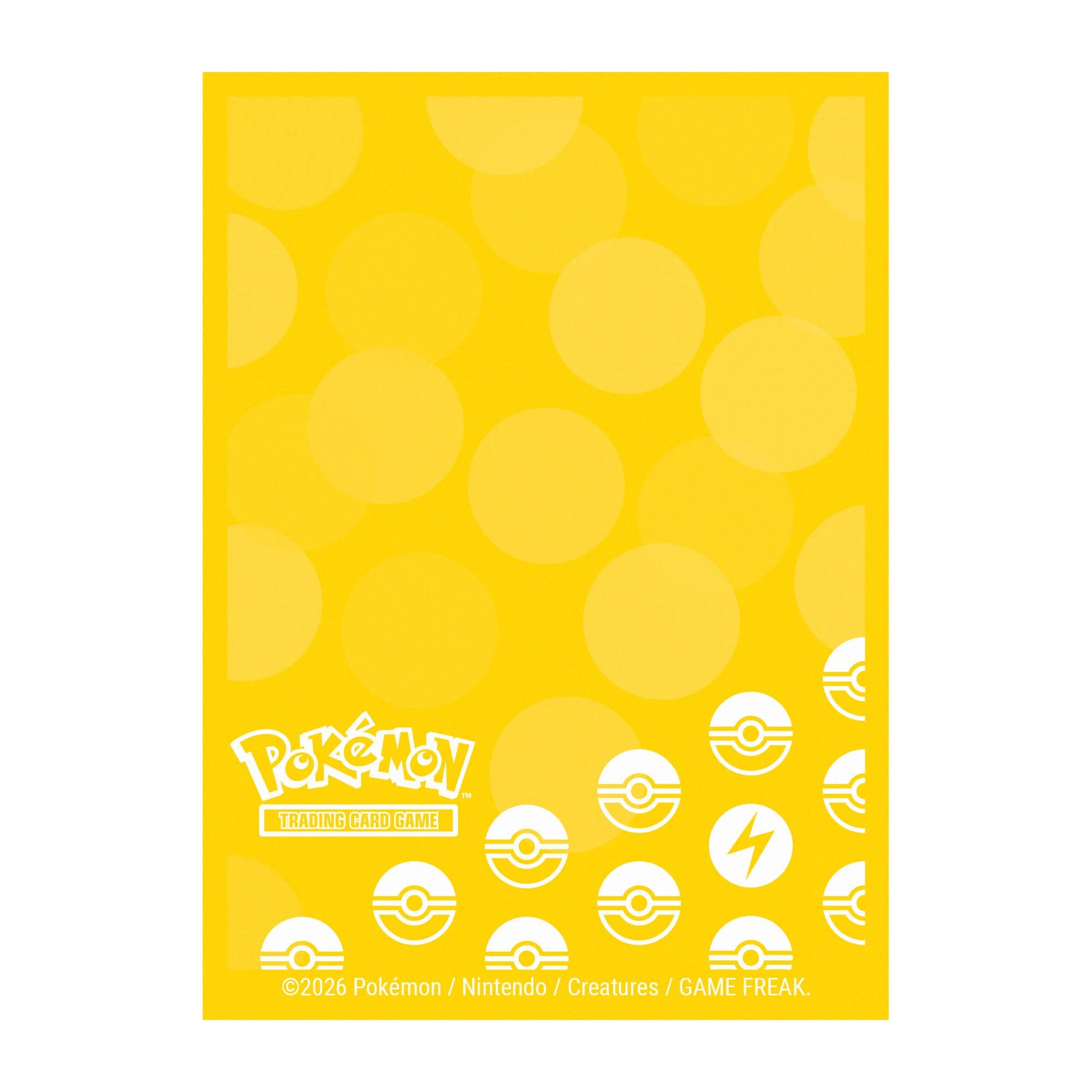 A yellow background with white polka dots and Pokémon Trading Card Game logo. Features white Poké Ball icons and a lightning bolt icon. Includes copyright information for 2026 Pokémon / Nintendo / Creatures / GAME FREAK.