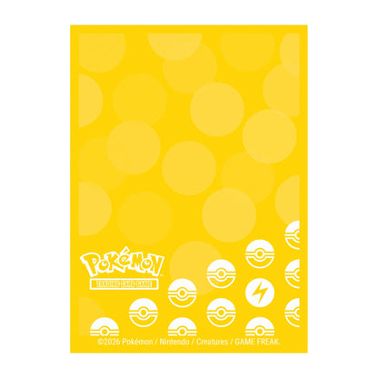 A yellow background with white polka dots and Pokémon Trading Card Game logo. Features white Poké Ball icons and a lightning bolt icon. Includes copyright information for 2026 Pokémon / Nintendo / Creatures / GAME FREAK.