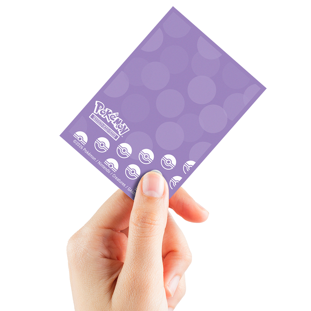 A purple Pokemon Trading Card Game deck protector sleeves with Poké Ball pattern. Brand: Pokemon, Item: Energy - Psychic Type 65ct DECK PROTECTOR® Sleeves for Pokémon.