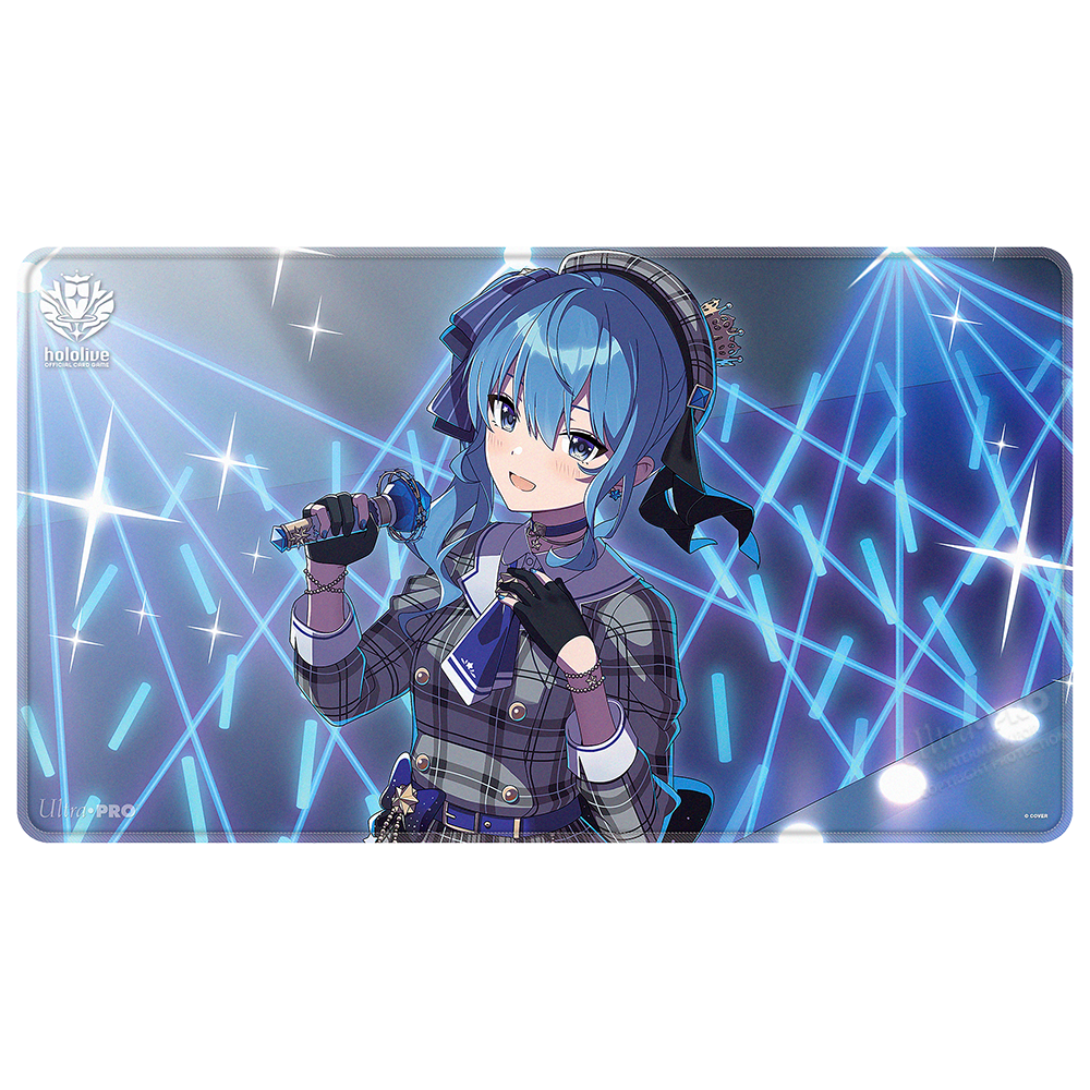 A blue plaid Hoshimachi Suisei Stitched Playmat for the hololive OFFICIAL CARD GAME. Brand: Ultra PRO, Item: Hoshimachi Suisei Stitched Playmat.