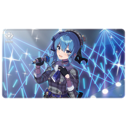 A blue plaid Hoshimachi Suisei Stitched Playmat for the hololive OFFICIAL CARD GAME. Brand: Ultra PRO, Item: Hoshimachi Suisei Stitched Playmat.