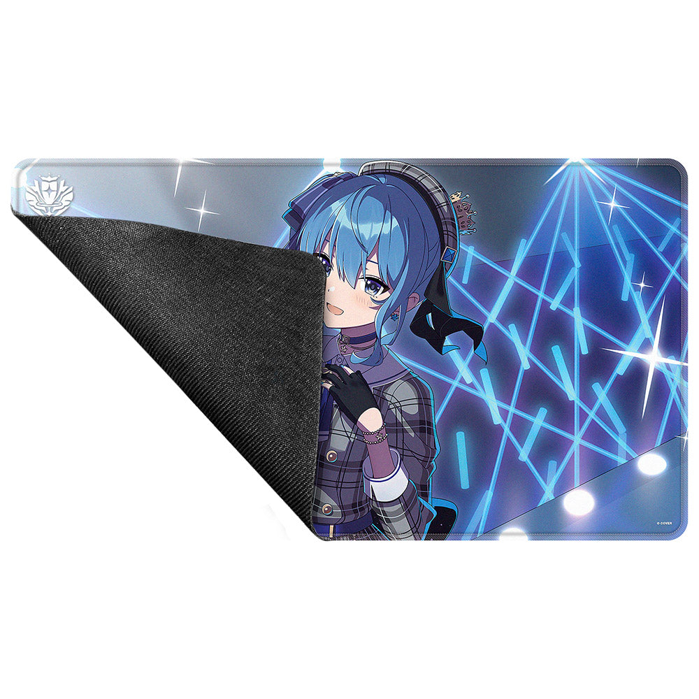 A blue anime character stitched playmat. Brand: hololive, Item: Hoshimachi Suisei Stitched Playmat for the hololive OFFICIAL CARD GAME