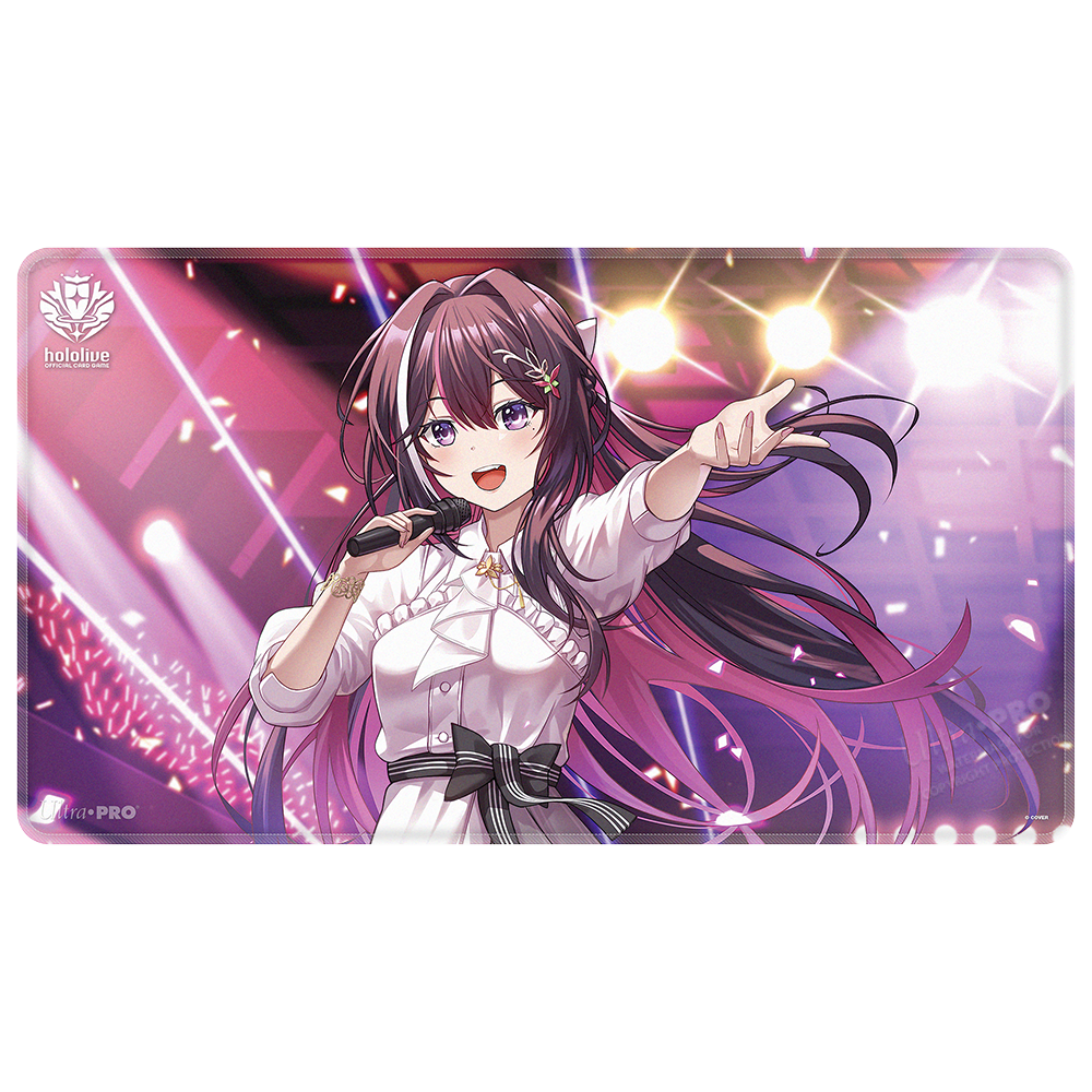A white and pink anime-style playmat featuring AZKi singing into a microphone on a stage. Brand: Ultra PRO, Item: AZKi Stitched Playmat for the hololive OFFICIAL CARD GAME