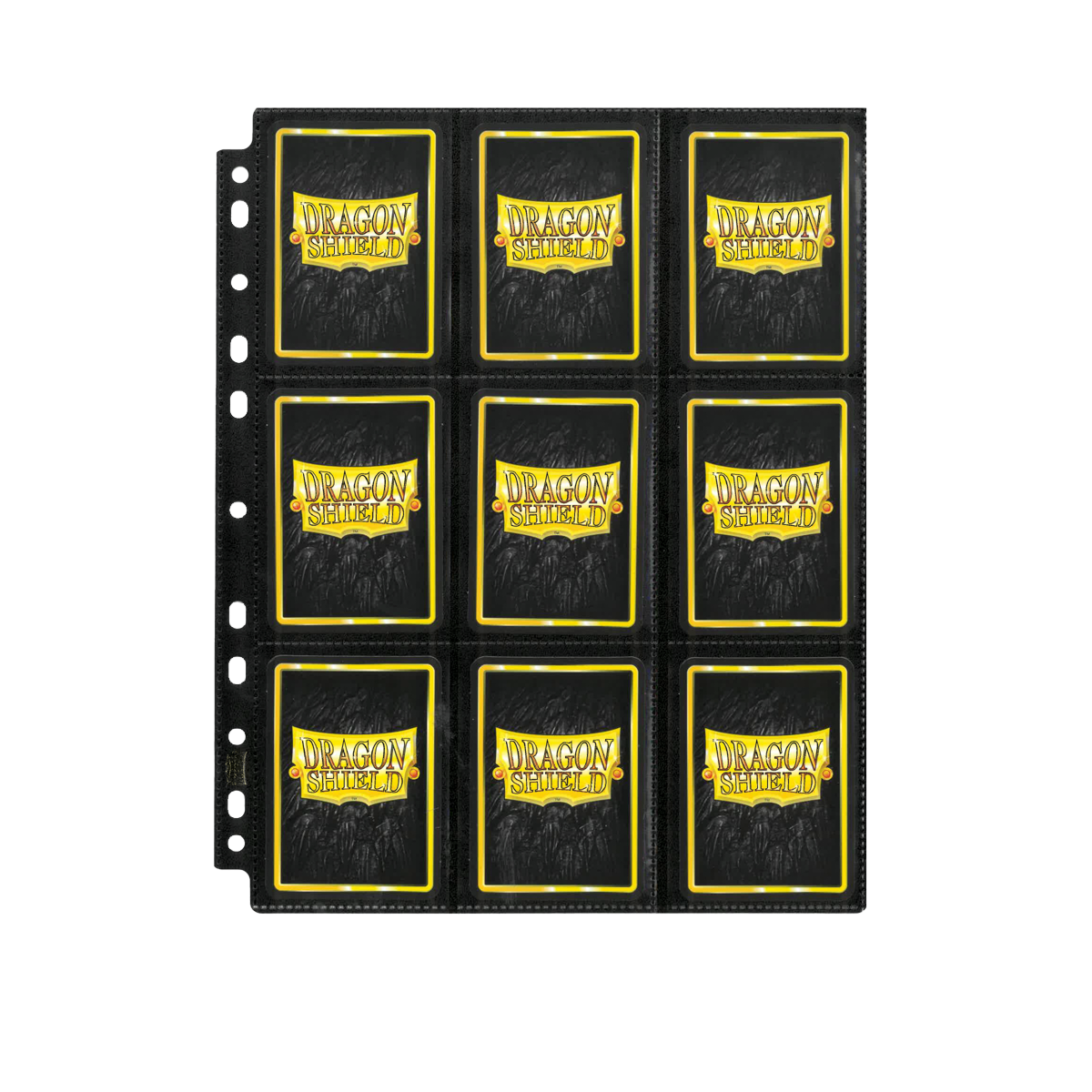 A black 18-pocket page protector for standard-sized trading cards. Brand: Dragon Shield, Item: 18 Pocket Pages - Regular - Standard Size.