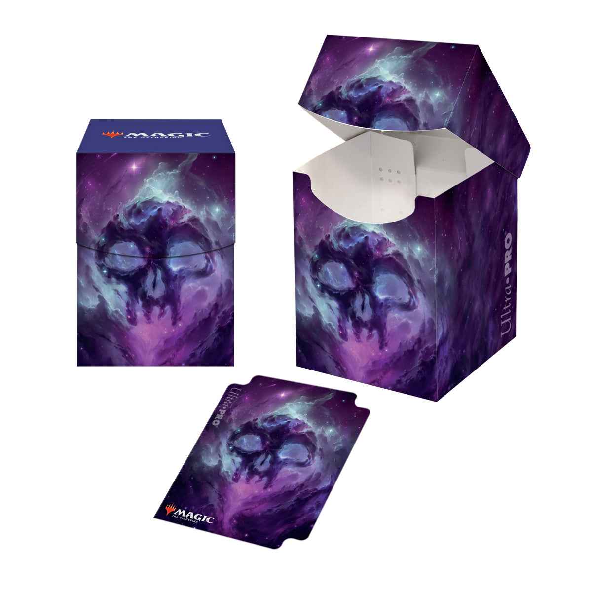 A purple and blue nebula skull art 100+ Deck Box and card sleeve. Brand: Ultra PRO, Item: Celestial Swamp 100+ DECK BOX® for Magic: The Gathering
