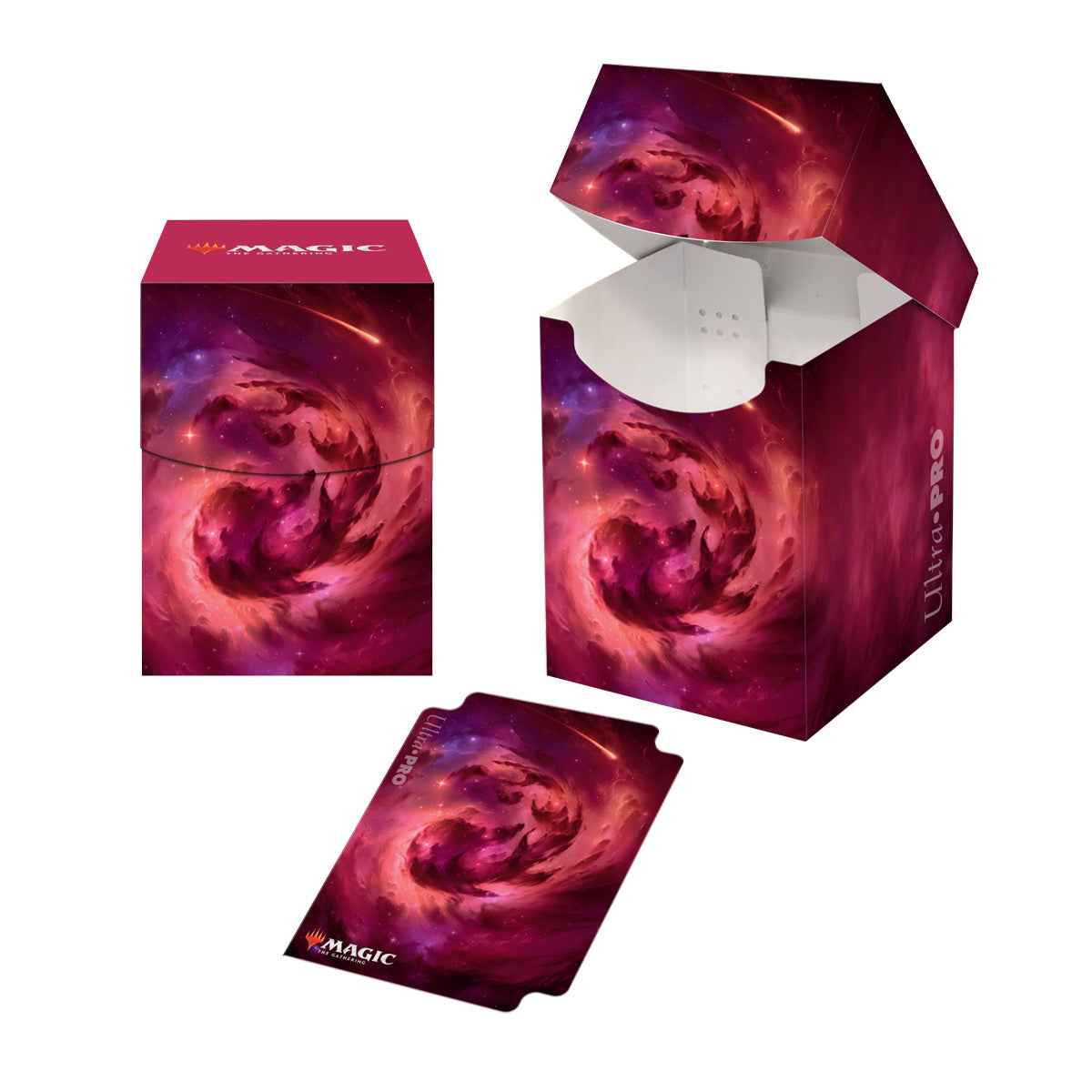 A red and purple nebula-themed 100+ Deck Box and matching card sleeve. Brand: Ultra PRO, Item: Celestial Mountain 100+ DECK BOX® for Magic: The Gathering.