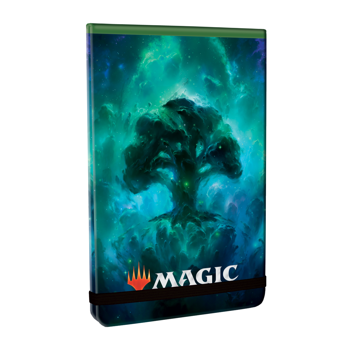 A green and blue nebula themed Magic: The Gathering Life Pad. Brand: Ultra PRO, Item: Celestial Forest Life Pad.
