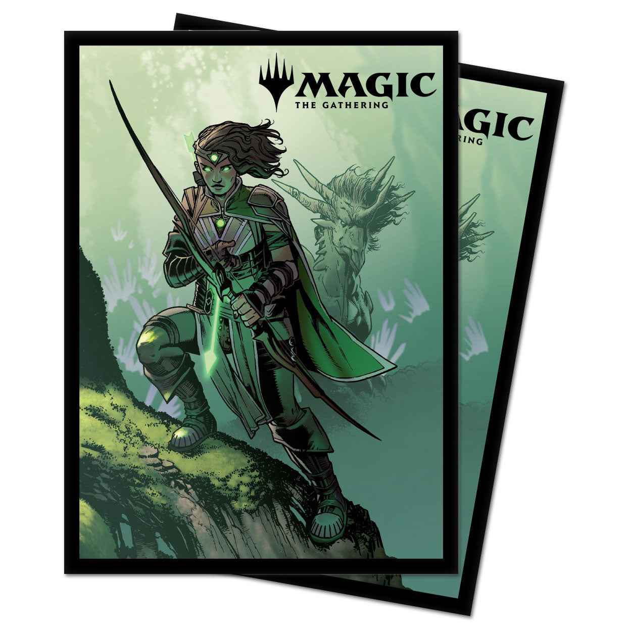 A green and black Magic: The Gathering deck protector sleeves featuring Vivien, Monster's Advocate from Ikoria: Lair of Behemoths. Brand: Ultra PRO, Item: Ikoria: Lair of Behemoths Vivien, Monster's Advocate Alt Art DECK PROTECTOR® Sleeves for Magic: The Gathering