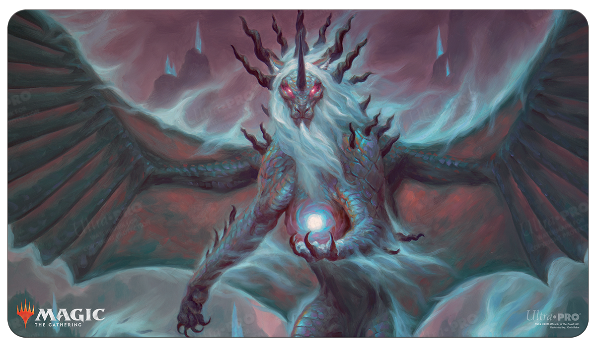 A fantasy dragon creature with white hair and red eyes, holding a glowing orb, on a Magic: The Gathering playmat. Brand: Ultra PRO, Item: Ikoria: Lair of Behemoths Illuna, Apex of Wishes Standard Gaming Playmat.