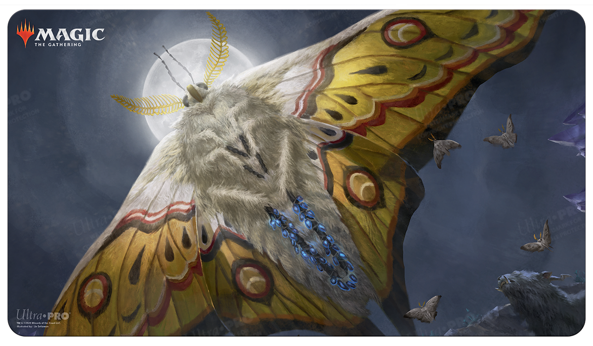 A Magic: The Gathering Luminous Broodmoth Standard Gaming Playmat by Ultra PRO, featuring a large moth against a moonlit sky.