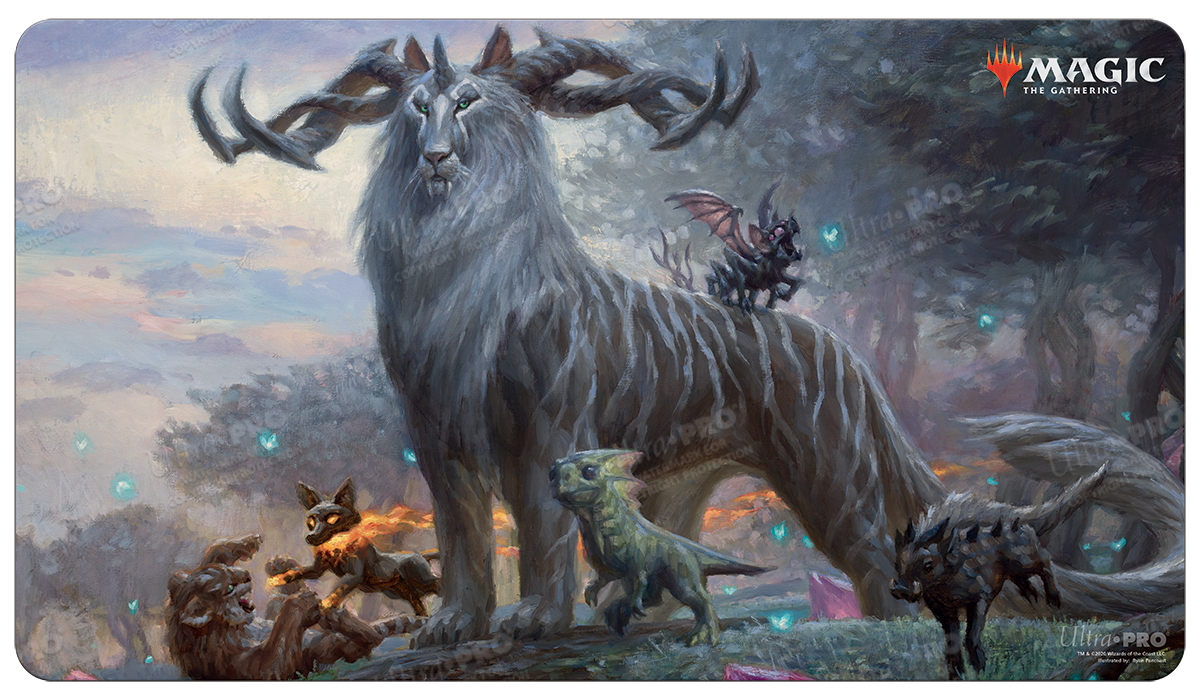 A Magic: The Gathering Standard Gaming Playmat featuring Kaheera, the Orphanguard from Ikoria: Lair of Behemoths. Brand: Ultra PRO, Item: Ikoria: Lair of Behemoths Kaheera, the Orphanguard Standard Gaming Playmat.