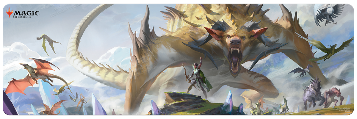A panoramic playmat featuring the Ikoria: Lair of Behemoths art for Magic: The Gathering. Brand: Ultra PRO, Item: Ikoria: Lair of Behemoths 8ft Table Playmat for Magic: The Gathering