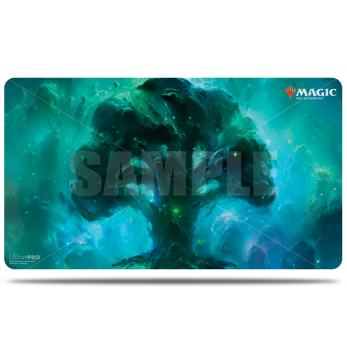 A green and blue nebula-themed playmat for Magic: The Gathering. Brand: Ultra PRO, Item: Celestial Forest Standard Gaming Playmat