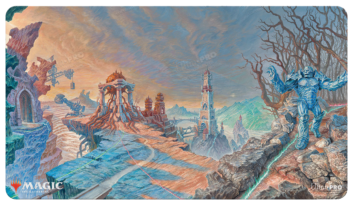 A panoramic Magic: The Gathering playmat featuring Urza's landscape with a blue ice creature on the right. Brand: Ultra PRO, Item: Double Masters Urza Panorama Standard Gaming Playmat.