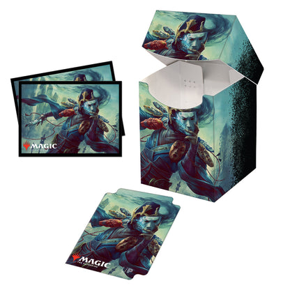 A blue and teal deck box and card sleeves featuring Sakashima of a Thousand Faces from Magic: The Gathering. Brand: Ultra PRO, Item: Commander Legends Sakashima of A Thousand Faces Commander Combo Box.