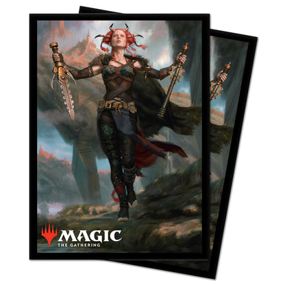 A black bordered Magic: The Gathering card sleeve featuring artwork of Jeska, Thrice Reborn.