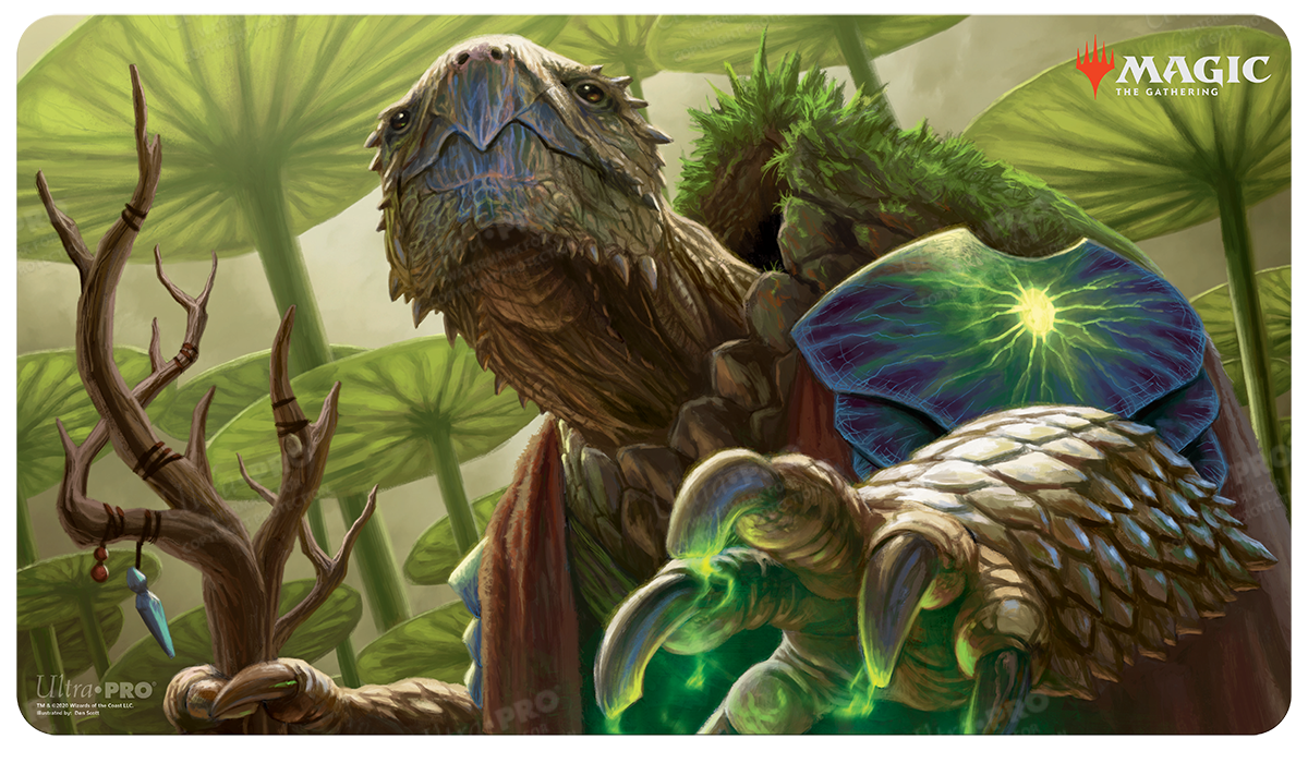 A green and brown gaming playmat featuring Archelos, Lagoon Mystic from Magic: The Gathering. Brand: Ultra PRO, Item: Commander Legends Archelos, Lagoon Mystic Standard Gaming Playmat.