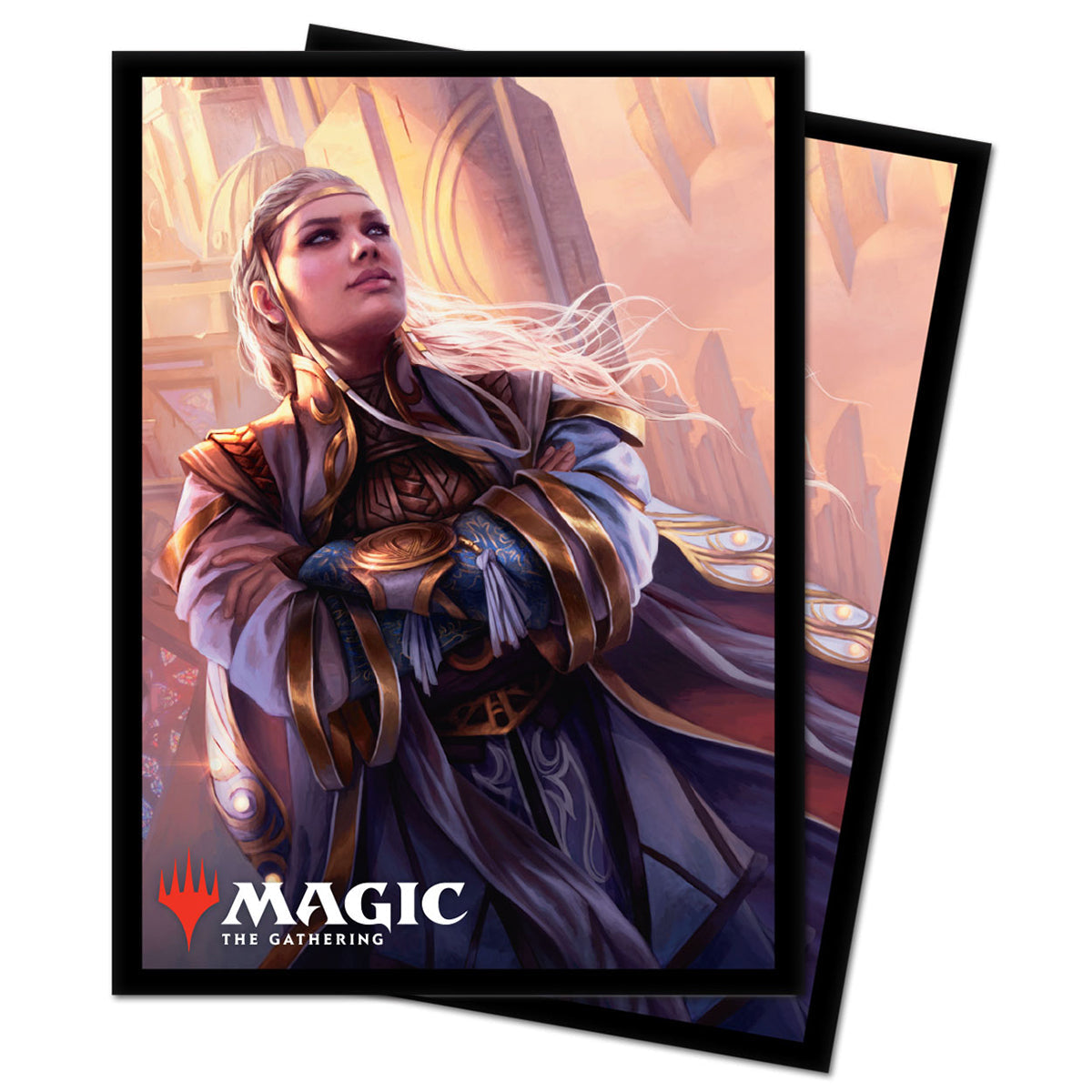 A Magic: The Gathering Commander Legends Rebbec, Architect of Ascension card sleeve featuring artwork of a woman with blonde hair and ornate armor.