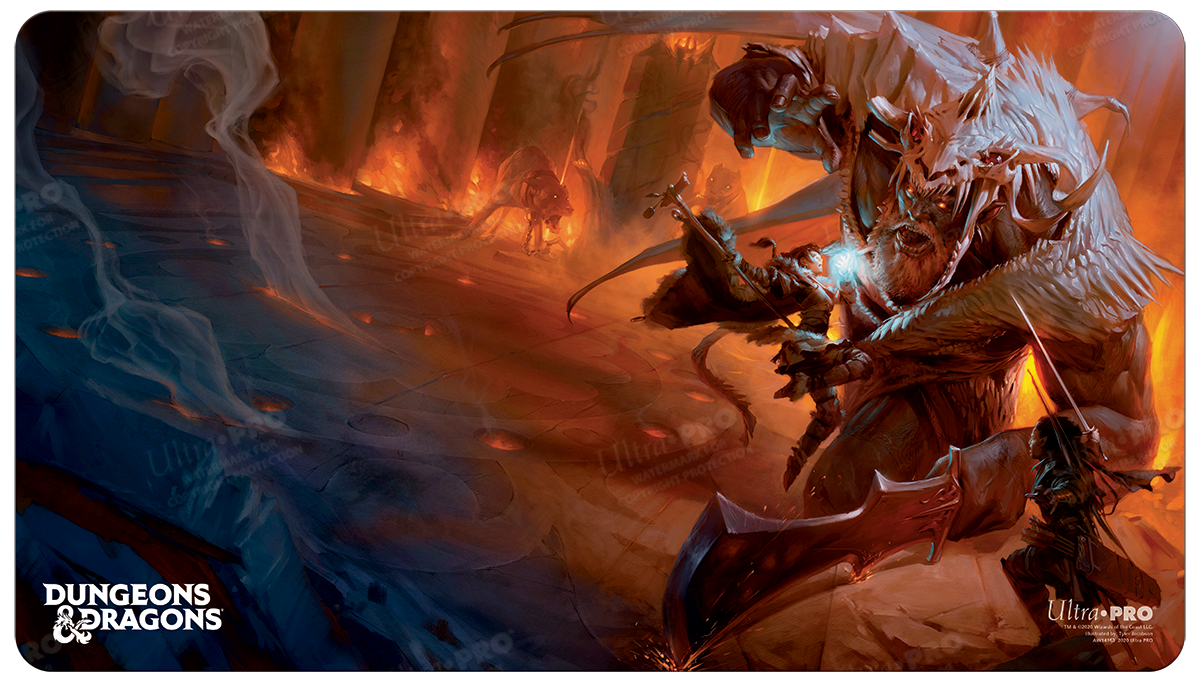 A Dungeons & Dragons themed gaming playmat by Ultra PRO, featuring adventurers battling a giant monster in a fiery cavern.