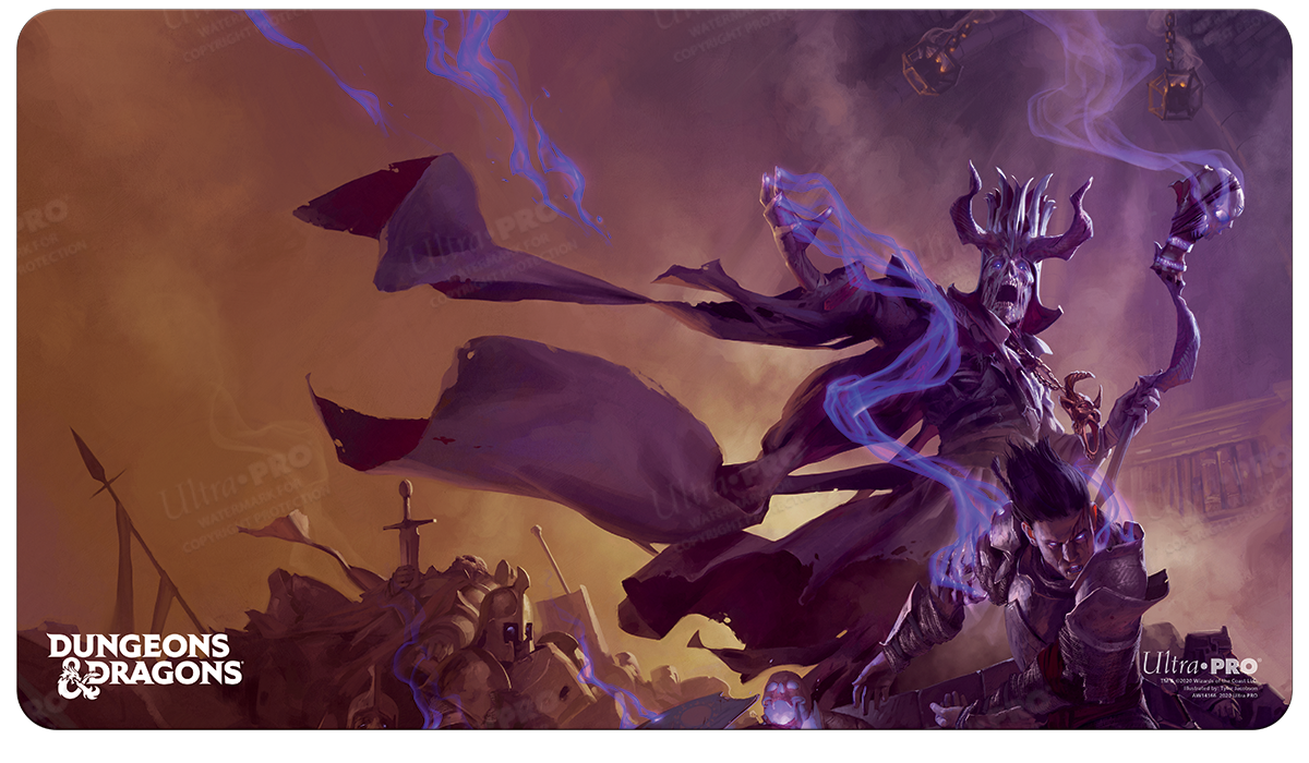A dark fantasy gaming playmat featuring a lich and a warrior, with the Dungeons & Dragons logo. Brand: Ultra PRO, Item: Cover Series Dungeon Masters Guide Standard Gaming Playmat.