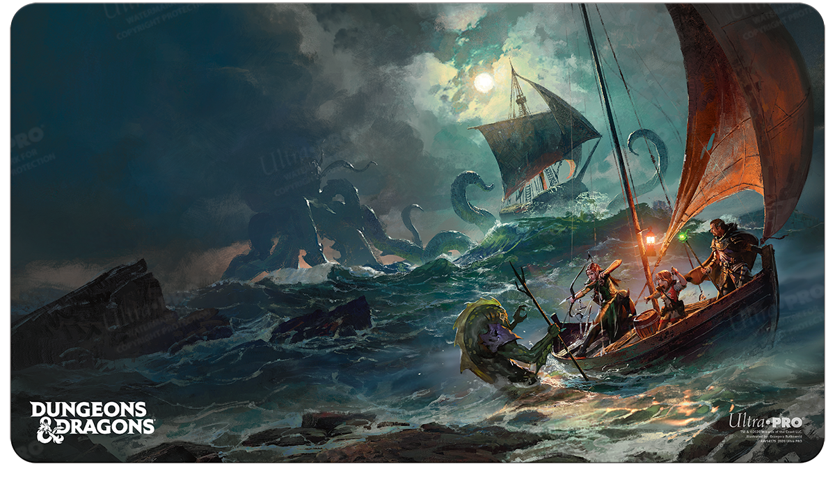 A dark and stormy Dungeons & Dragons playmat featuring a ship battling a kraken, with adventurers on deck. Brand: Ultra PRO, Item: Cover Series Ghosts of Saltmarsh Standard Gaming Playmat.