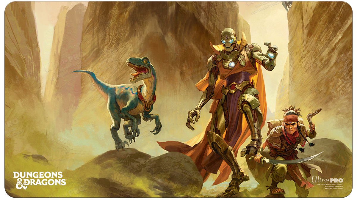 A Dungeons & Dragons Cover Series Eberron Rising from the Last War Standard Gaming Playmat by Ultra PRO, featuring a raptor, a warforged, and a human adventurer in a desert canyon.