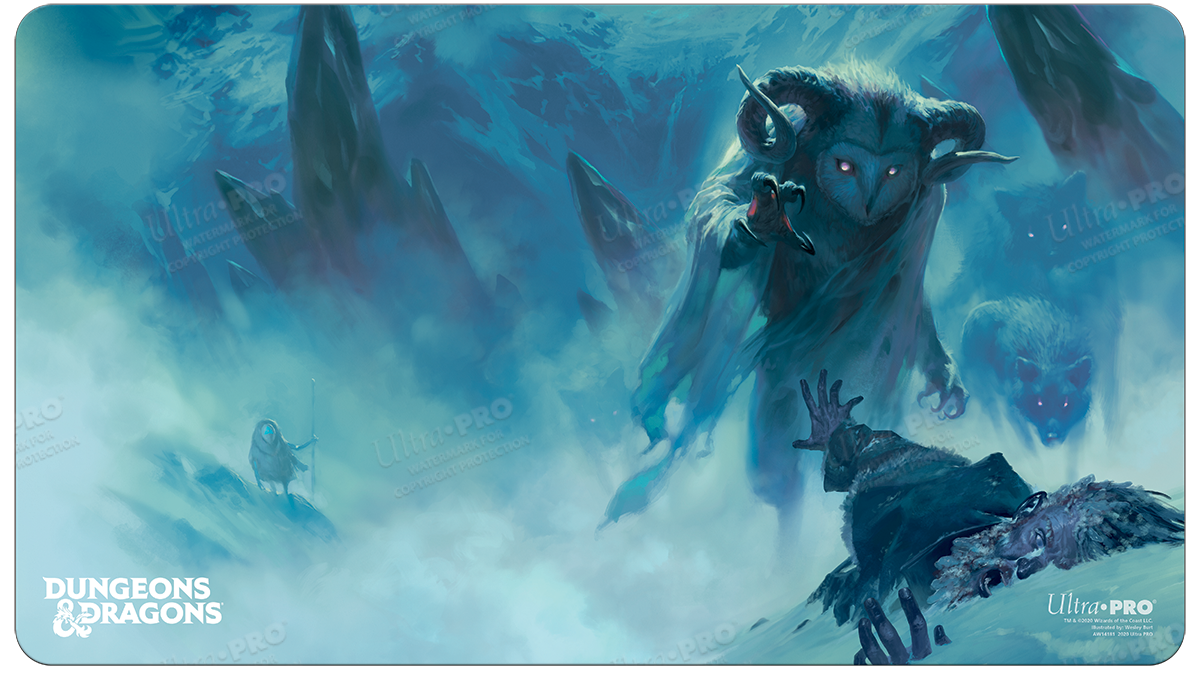 A blue and white Dungeons & Dragons Playmat featuring the Cover Series Icewind Dale Rime of the Frostmaiden artwork. Brand: Ultra PRO, Item: Cover Series Icewind Dale Rime of the Frostmaiden Standard Gaming Playmat.