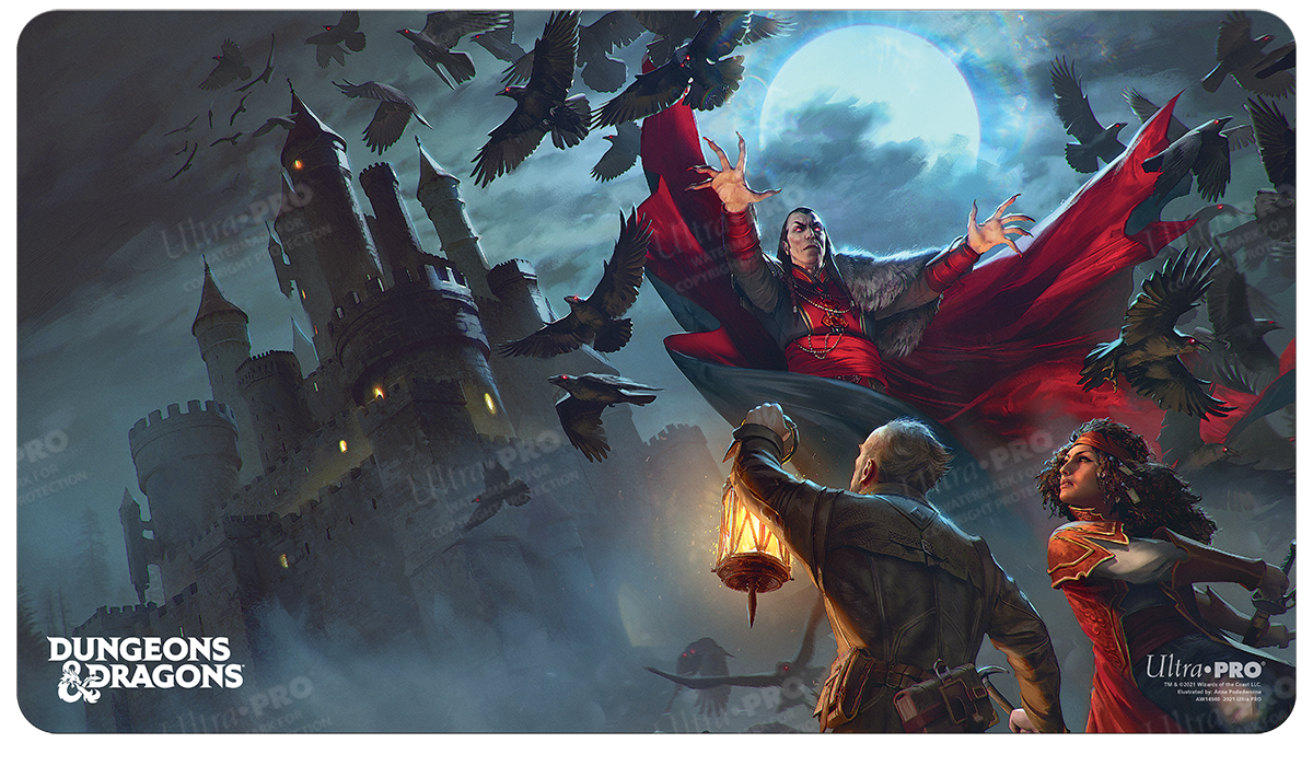 A dark fantasy Dungeons & Dragons playmat featuring a gothic castle, a vampire, and adventurers under a full moon. Brand: Ultra PRO, Item: Cover Series Van Richten's Guide to Ravenloft Standard Gaming Playmat.