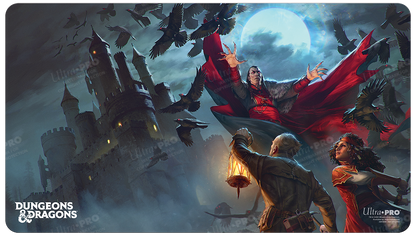 A dark fantasy Dungeons & Dragons playmat featuring a gothic castle, a vampire, and adventurers under a full moon. Brand: Ultra PRO, Item: Cover Series Van Richten's Guide to Ravenloft Standard Gaming Playmat.